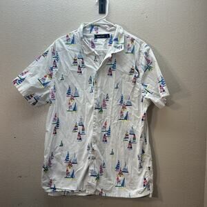 Nautica Preppy Shirt Mens L White Blue Sailboat Nautical Button‎ Up Regatta